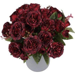 Artificial Peonies Silk Flowers, Burgundy Faux Peony Bouquet 4 Bundles Florals